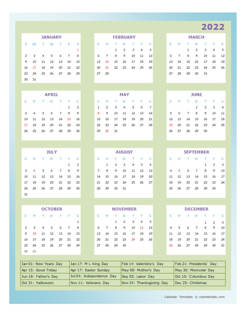 USA holiday calendar 2022